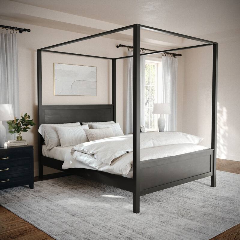 Martha Stewart Wooden Canopy Platform Bed with Headboard and Footboard - Dark Gray