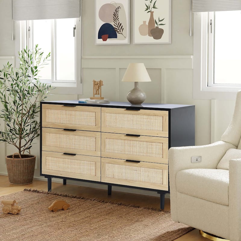 Black and Brown Manufactured Wood 6-Drawer Rattan Dresser