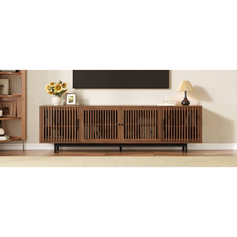 TV Storage Stand for TVs up to 85", Boho Entertainment Center with Louvered Door, Media Storage Console with 4 Cabinets