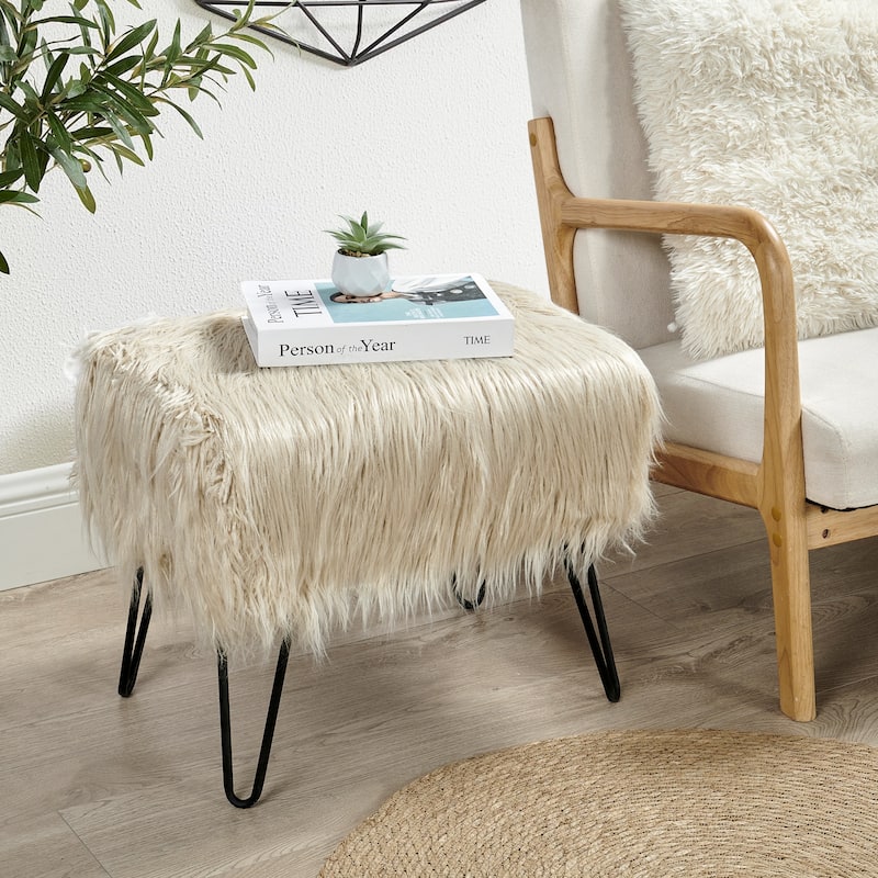 Mongolian Fauxfur Ottoman - 19"x 13"x17" - Oatmeal