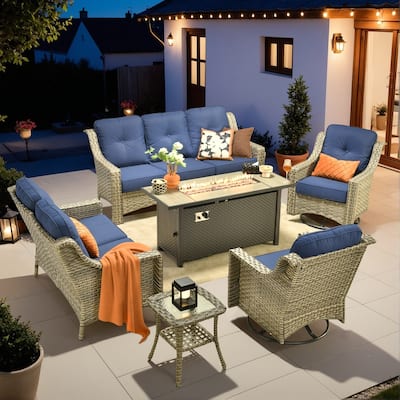 OVIOS 6-piece Patio Wicker Swivel Rocking Chair Set With Fire Pit