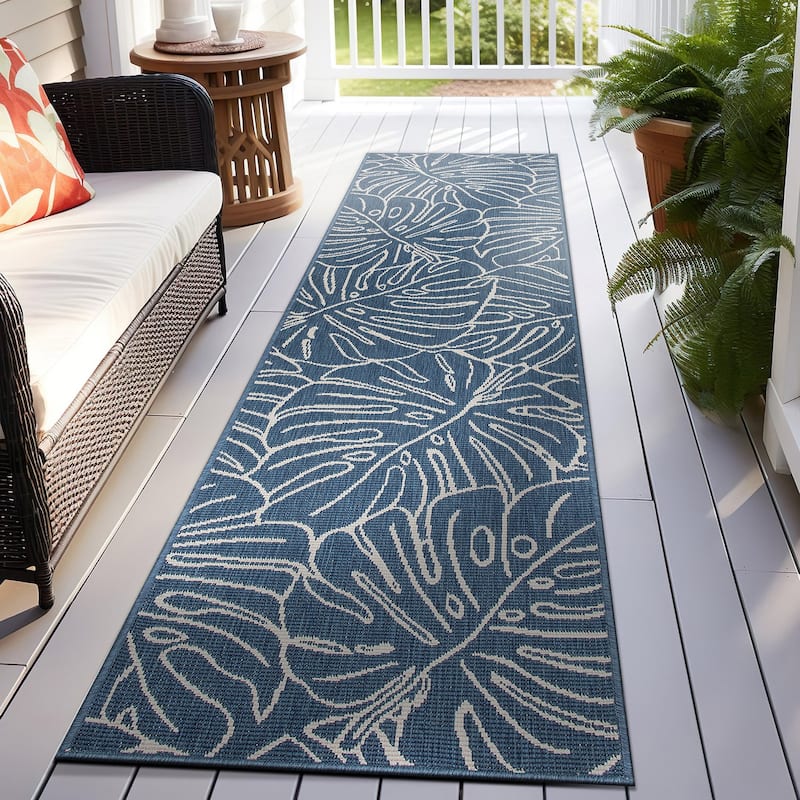 World Rug Gallery Contemporary Tropical Leaves Indoor/Outdoor Area Rug - 2' x 7' Runner - Blue