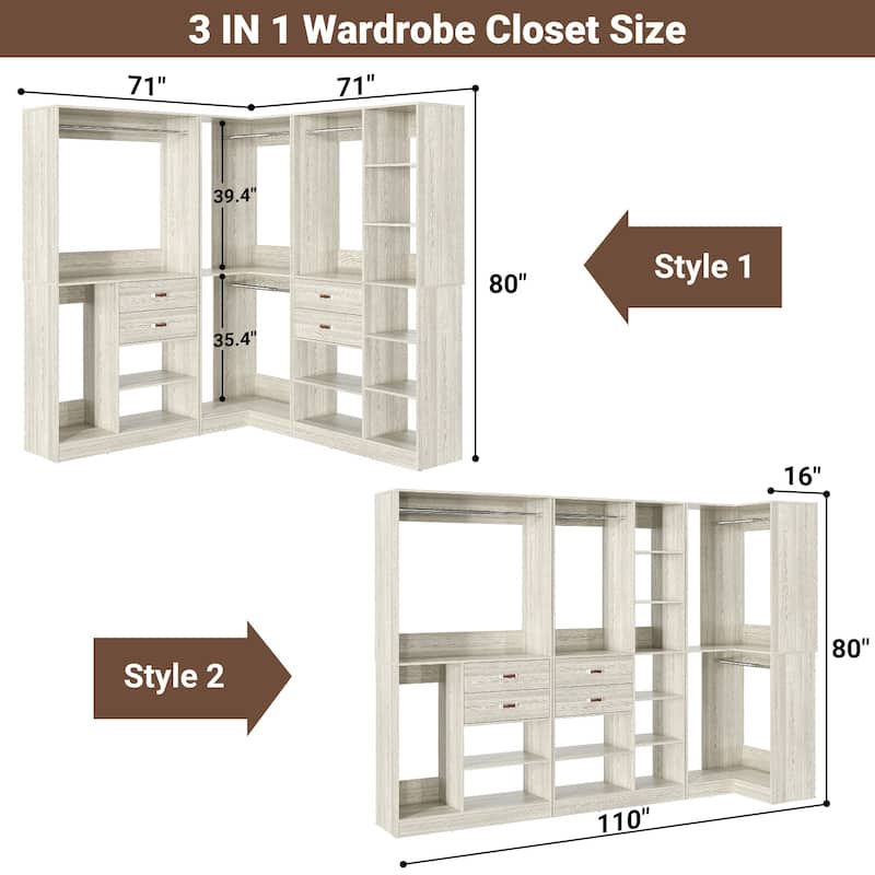 Rackcog 71'' - 110'' Set of 3 Freestanding Corner Closet Organizer, Reversible Wardrobe with Hanging Rods