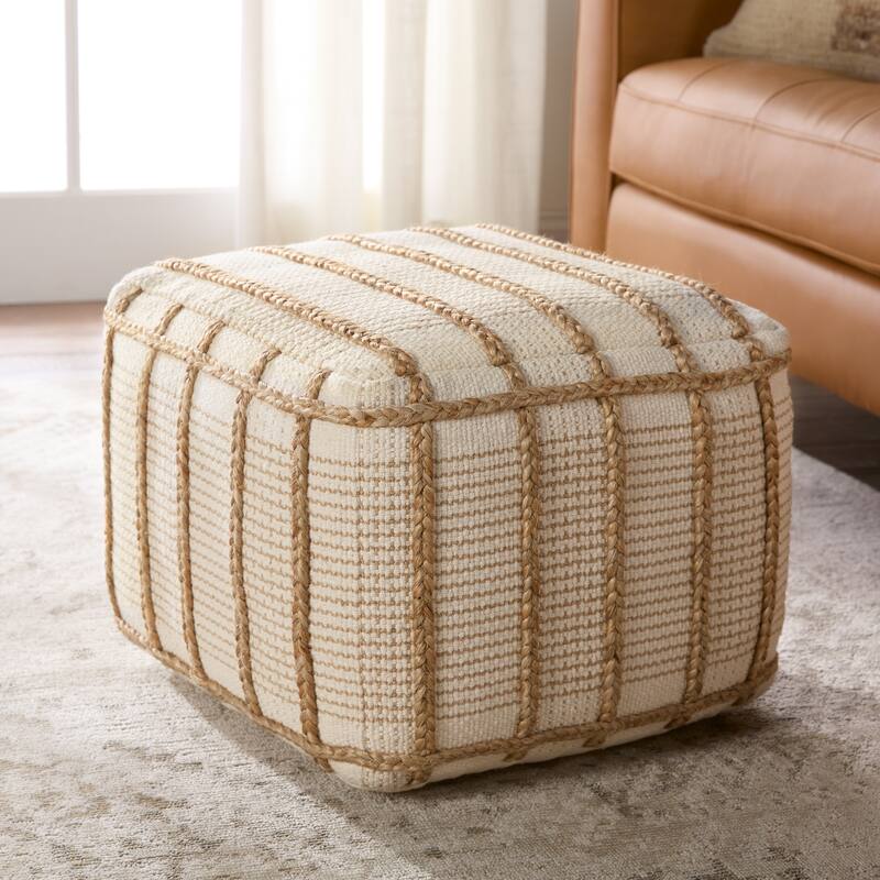 Remsen Handmade Striped Tan/ Cream Cylinder Pouf