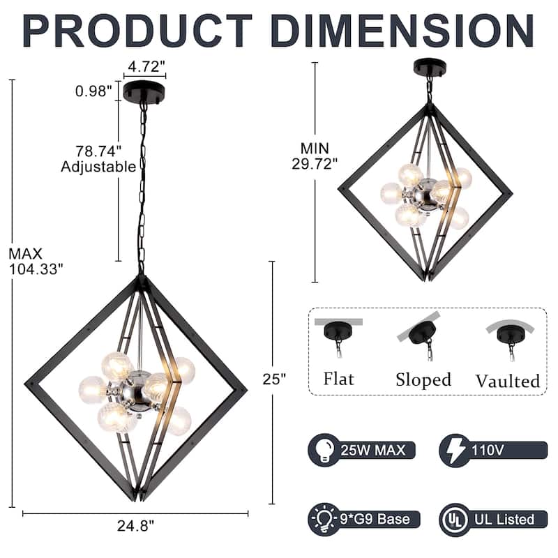 Modern Black Sputnik Chandelier with Clear Glass Shades for Dining Room - Dia.24.8-in