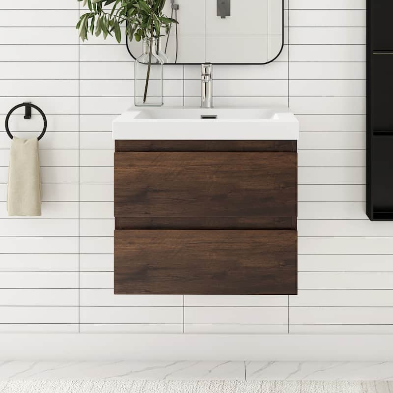 Floating Bathroom Vanity with Resin Top - 23.62'' x 19.69'' x 22.44'' - Rose Wood