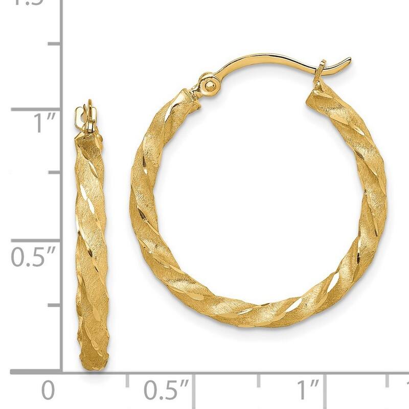 Curata 14k Yellow Gold Twisted Satin and Sparkle Cut Hoop Earrings - 26x25mm