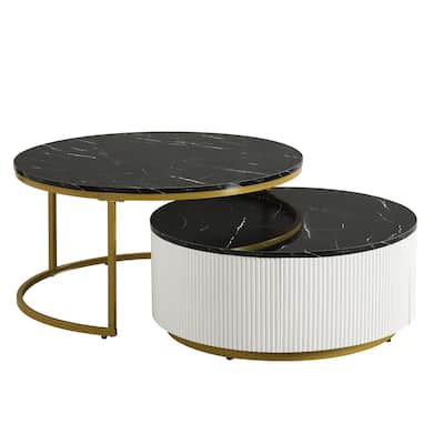 Nesting Coffee Table Set Of 2, 31.5 Inch Modern Round Side Tables With Drawer, Minimalist Circular Center Table