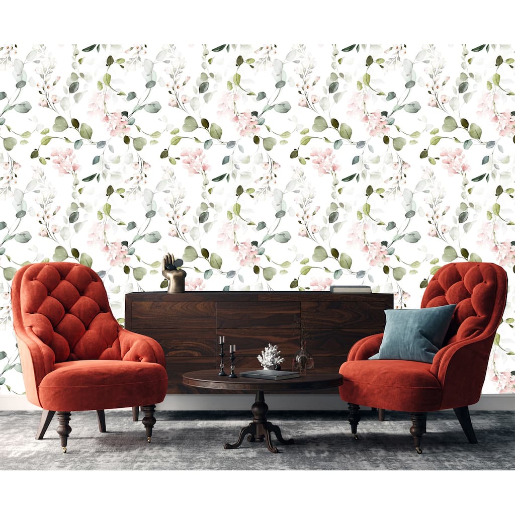 Green Eucalyptus leaves Peel and Stick Wallpaper 10'L x 24''W