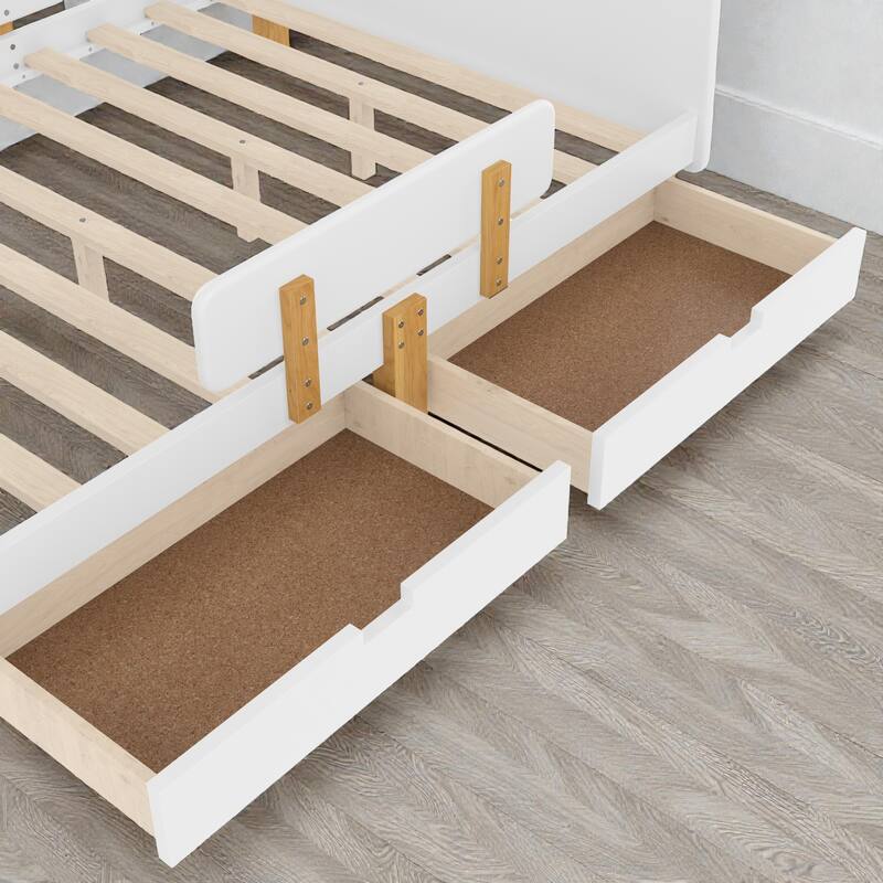 Twin/Full Wood Platform Bed with Storage Drawers, Guardrail, Shelf & Hooks, Solid Wood Frame, No Box Spring Needed