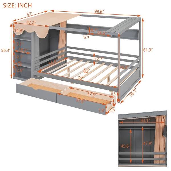 dimension image slide 2 of 3, Full Size Wood House Bed with 2 Drawers and Shelves, Kids Platform Storage Bed Frame with Wardrobe and Small Curtain