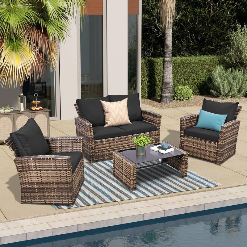 4-Piece Wicker Outdoor Sofa Set, 1 Loveseats, 2 Single Sofas, 1 Table - Brown/Gray