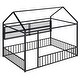 preview thumbnail 4 of 70, Metal House Bed with Metal Grid and Storage Shelves, Twin/Full Size Floor Montessori Bed with Roof Frame and Fence Guardrails