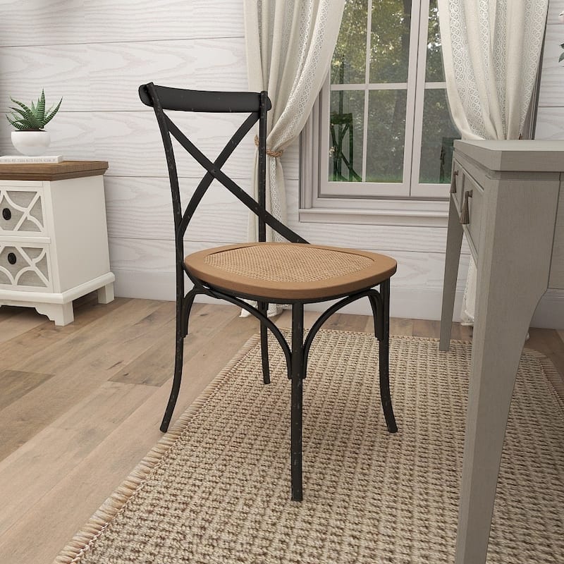 Metal Dining Chair with Brown Rattan Seat with or without Curved Details - Set of 2 Black or White - Roche River Decor