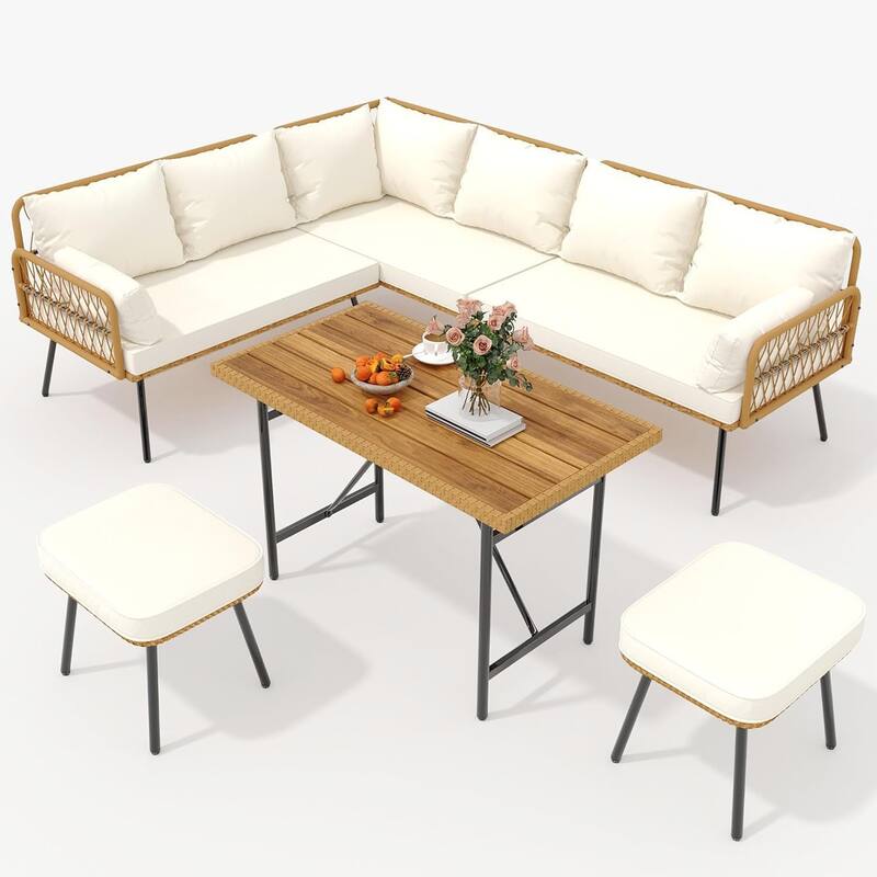 6 Pieces Patio Furniture Set, Outdoor Wicker Rattan - Beige