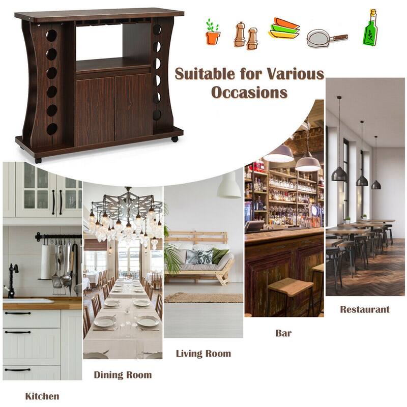 Gymax Rolling Buffet Sideboard Wooden Bar Storage Cabinet w/ Wine Rack - 43.5'' x 15.5'' x 36'' (L x W x H)