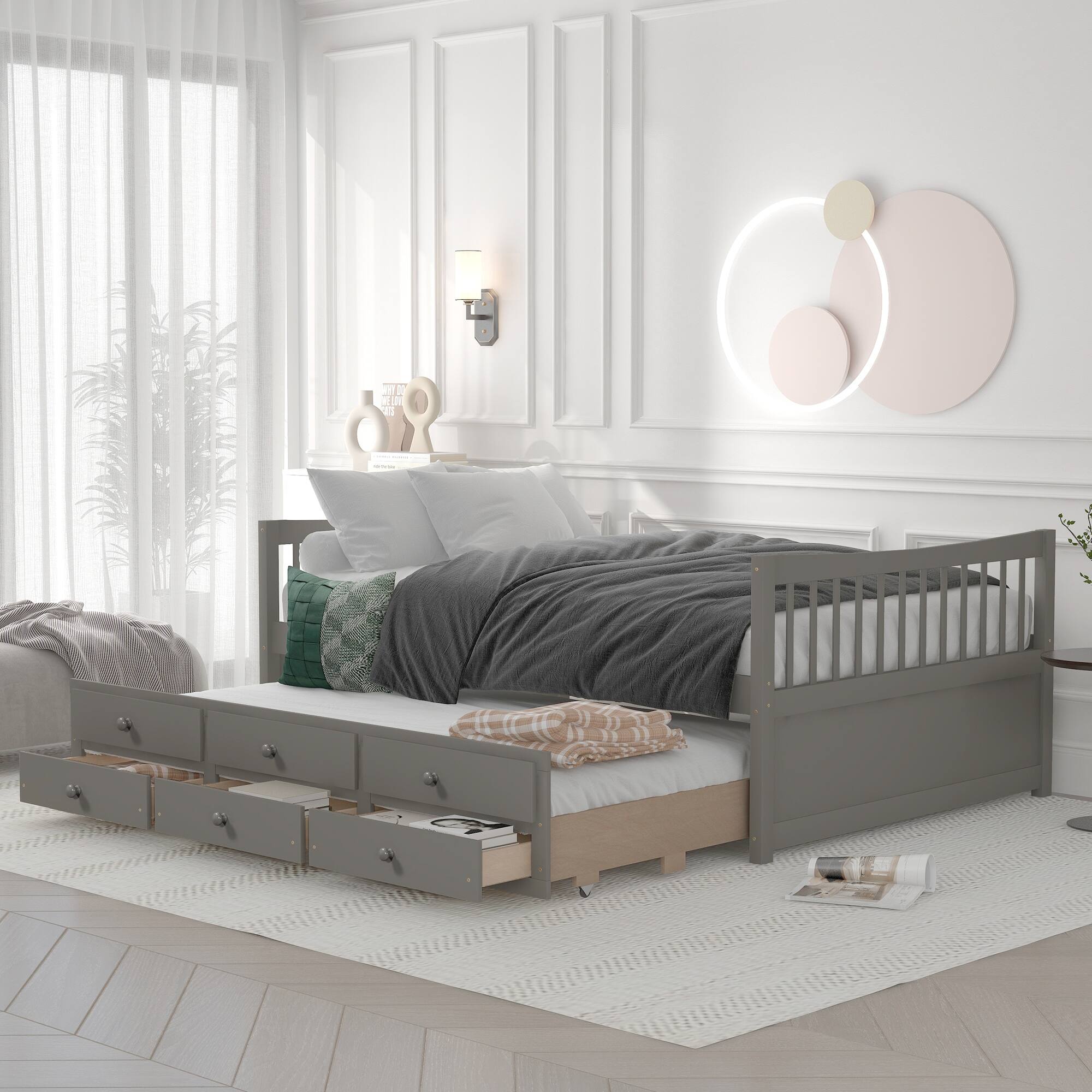 Full size daybed with twin size trundle and 3 storage drawers wood