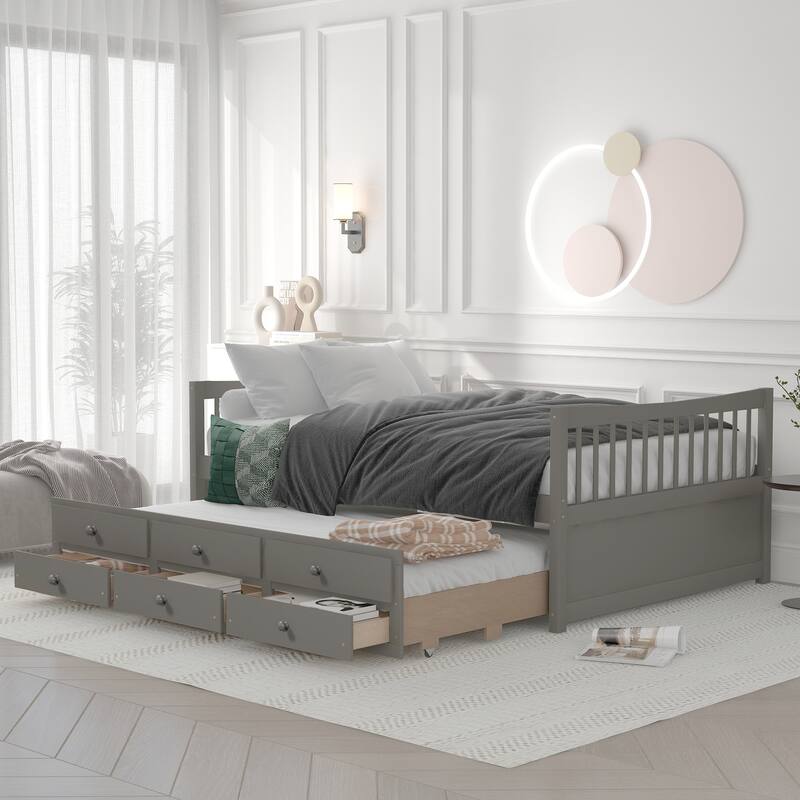 Wooden Twin/Full Daybed with Pull-Out Trundle and Storage Drawers