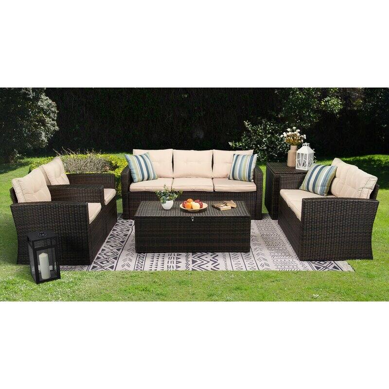 6-Piece Wicker Outdoor Patio Conversation Set - Beige
