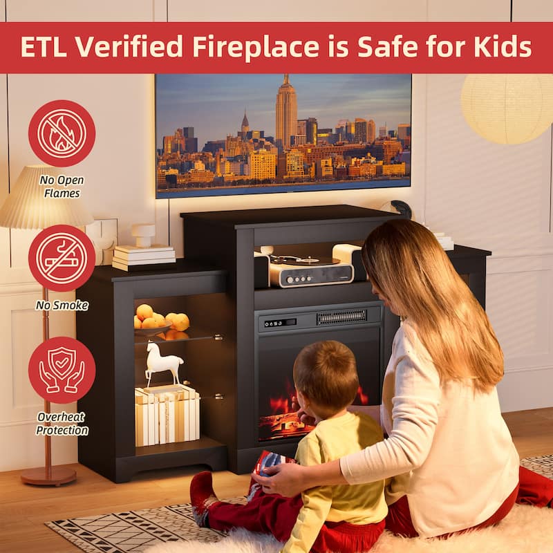 32" H TV Stand with Fireplace for TVs up to 80" - Remote Control, Energy-Efficient Heater, 16-Color Light Strip