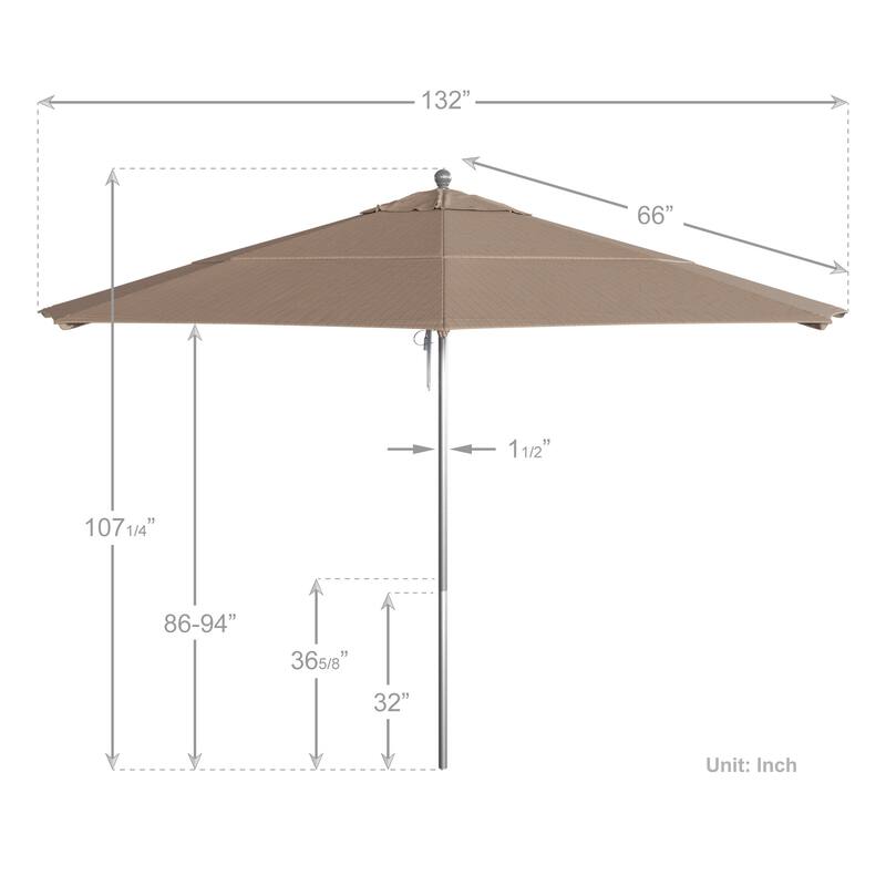 California Umbrella 11' Rd Aluminum Frame, Fiberglass Rib Market Umbrella, Push Open, Anodized Silver Finish, Olefin Fabric
