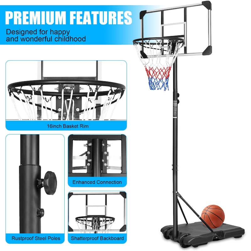 Roomfitters Portable Basketball Goal System with Stable Base and Wheels, Adjustable Height 5.6-7ft for Indoor Outdoor, Black