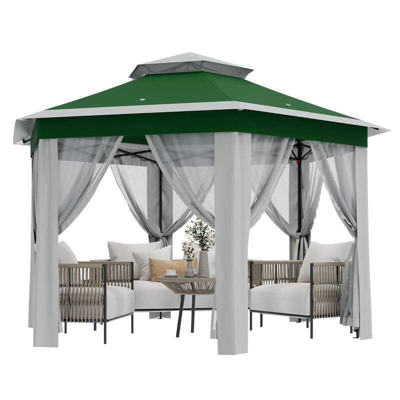 Pop Up Gazebo, Hexagonal Canopy Shelter with 6 Zippered Mesh Netting, Event Tent with Strong Steel Frame - Green and Beige
