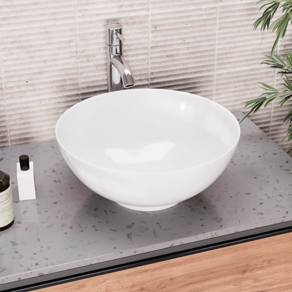 White Ceramic 16.5" Round Above Counter Bathroom Vessel Sink with Overflow, Drain and P-Trap Renovators Supply