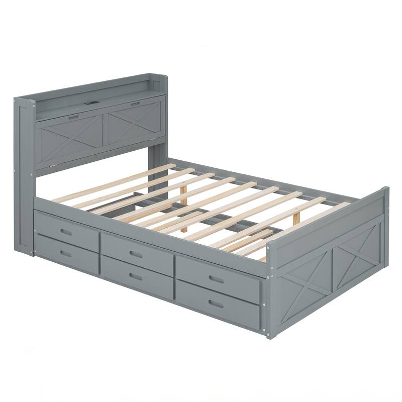 Full Size Wooden Bed with Storage Headboard with Outlets