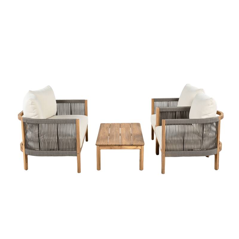 Christopher Knight Home - Amelie Outdoor 4-Piece Acacia Lounge Set - Loveseat, Club Chairs, & Coffee Table with Cushions