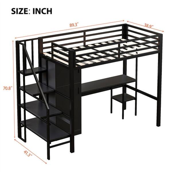 dimension image slide 1 of 2, Twin Size Loft Bed with Wardrobe and Storage Staircase, Metal Loft Bedframe with Bulit-in Desk and Storage Shelf