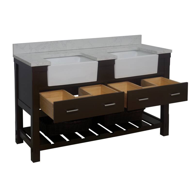 KitchenBathCollection Charlotte 60" Double Farmhouse Bathroom Vanity with Engineered Carrara Top