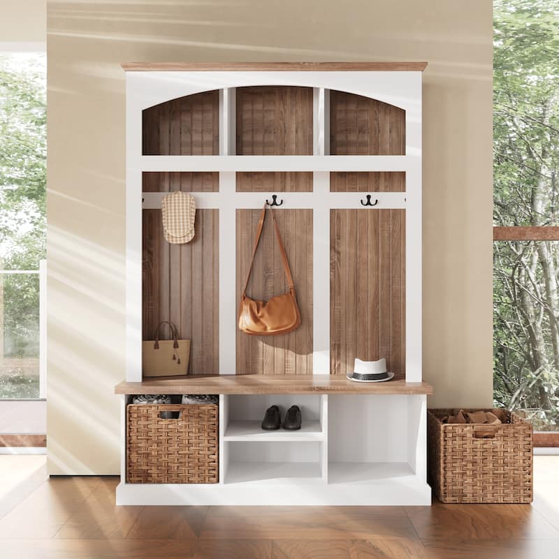 Entryway Hall Tree with Shoe Bench and 2 Rattan Baskets, Mudroom Storage Organizer
