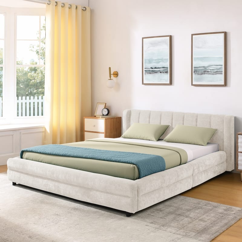 Queen Upholstered Bed Frame with Storage Drawer, Thick Padded Headboard & Solid Frame in Chenille Fabric