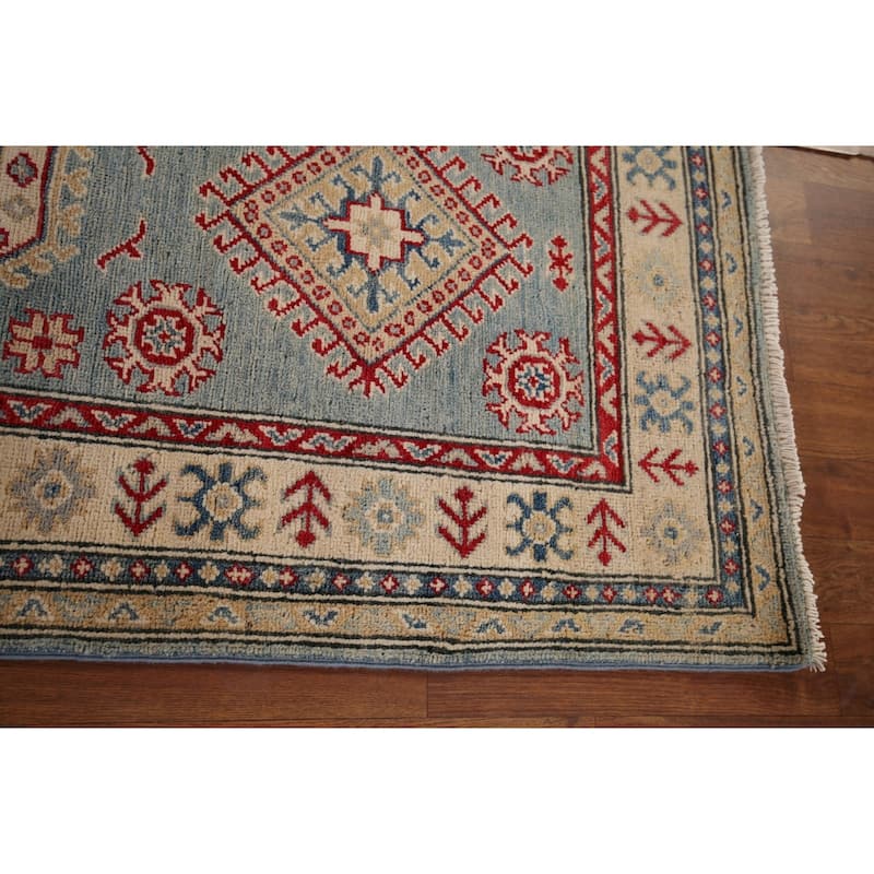 Geometric Kazak Oriental Runner Rug Hand-Knotted Blue Wool Carpet - 2'3" x 13'2"