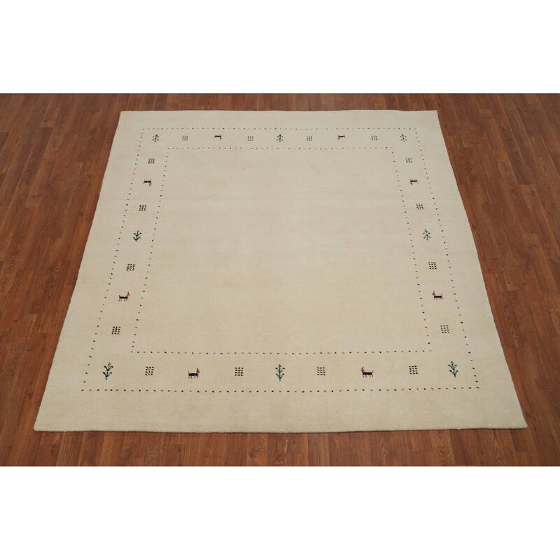 Hand Knotted Oriental 100% Wool Carpet Tribal Animal Pictorial Beige & Ivories Gabbeh Area Rug - 6' 6'' X 6' 7''