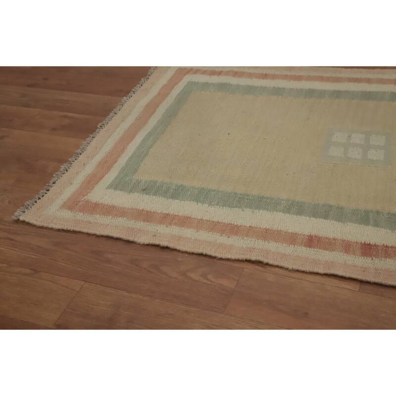 Hand Woven Oriental 100% Wool Carpet Southwestern Tribal Beige & Ivories Kilim Runner Rug - 7' 9'' X 1' 11''