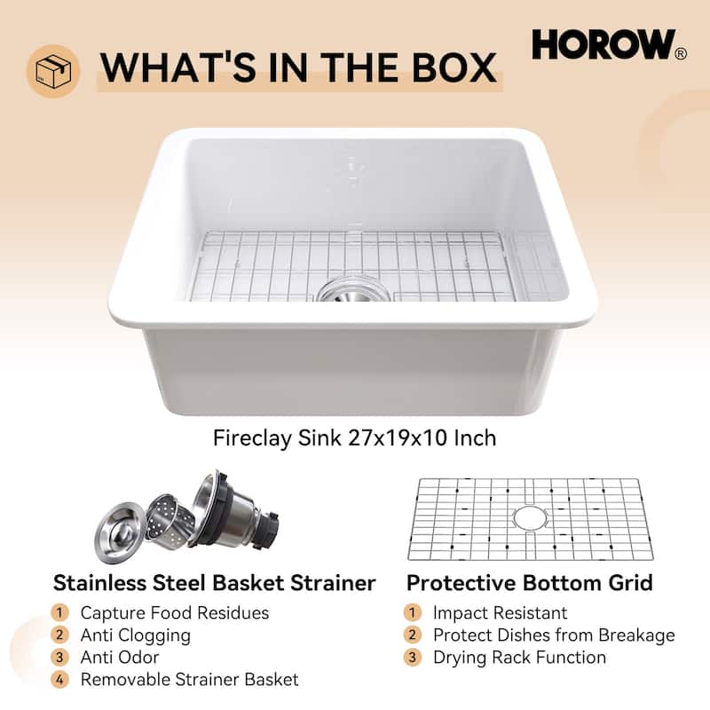 HOROW Undermount Fireclay 27 in. Single Bowl Kitchen Sink, with Grid and Strainer in White