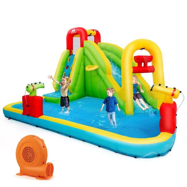 slide 2 of 10, Gymax Outdoor Inflatable Splash Water Bounce House Jump Slide w/ 550W Kids
