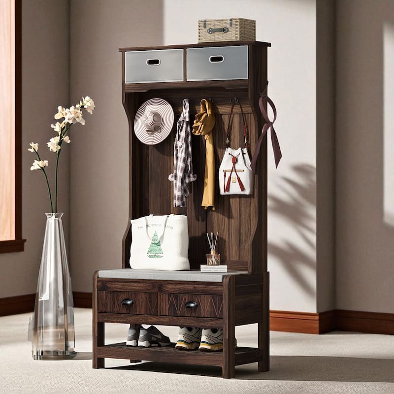 Hall Tree with 6 Hooks & Hinged-Lid Storage Bench, Entryway Coat Rack with Drawers & Shoe Cubbies, 34.2W x 68.5H