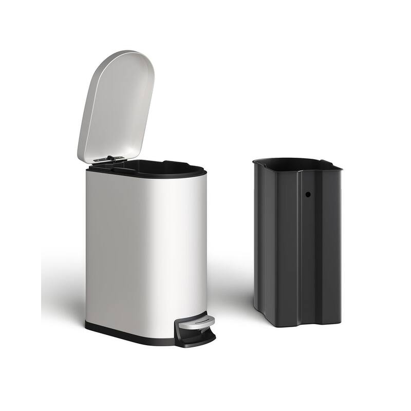 13 Gallon Stainless Steel Kitchen Trash Can with Inner Bucket - Slim Design Soft-Close Lid and Foot Pedal Silver - White