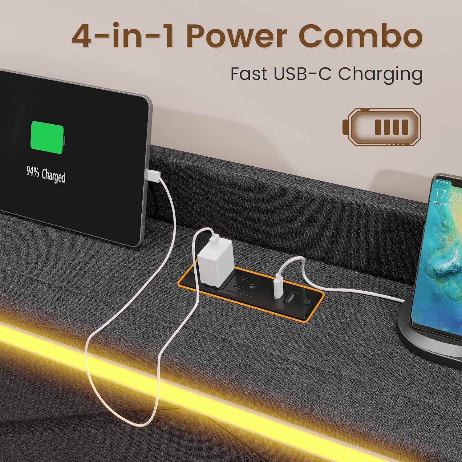 Bed Frame LED Lights Headboard & USB-C/A Charging Station 4 Drawers