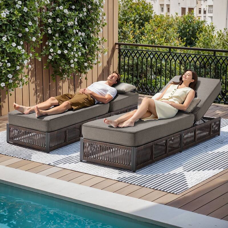 Gymojoy Outdoor Patio Chaise Lounge Chair, Luxury Rattan Recliner with 6-Position Backrest & 5-Inch Thick Cushions - 1-Piece