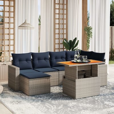 vidaXL Patio Sofa Set with Cushions Outdoor Furniture 7 Piece Poly Rattan - 24.4 x 24.4 x 27.2