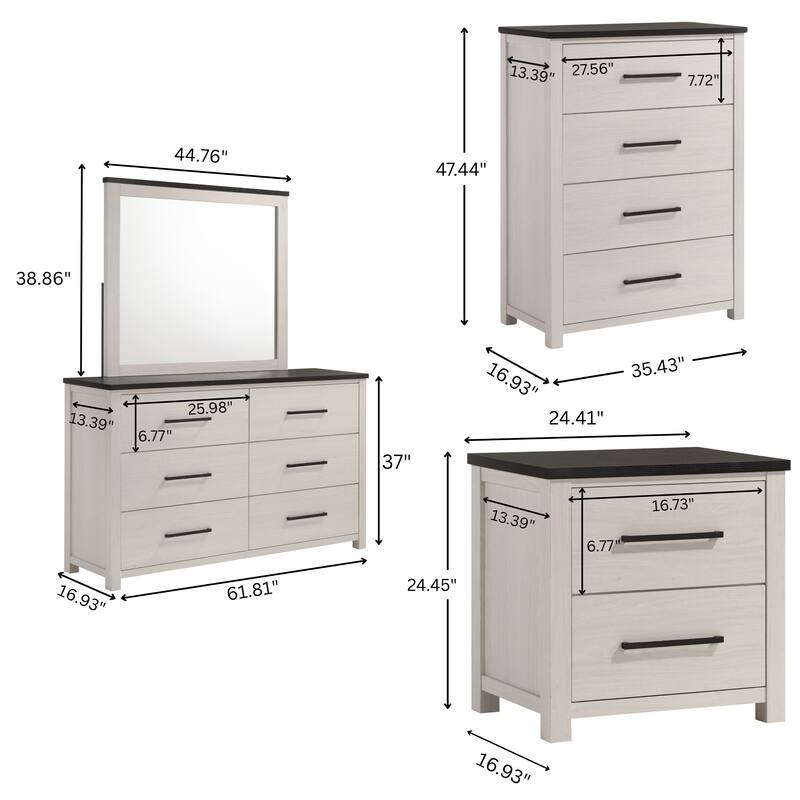 Roundhill Furniture Realynn 6-Piece Wood Bedroom Set, Panel Bed with Dresser, Mirror, Chest, and 2 Nightstands, Off-White Finish
