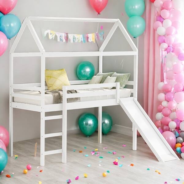 slide 2 of 13, Twin House Bed with Slide,Loft Bed with Slide,LED Light,Twin Size Loft Bed,Maximum Storage Space White