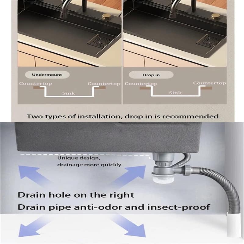 Single Bowl Stainless Steel Kitchen Sink with Waterfall Faucet