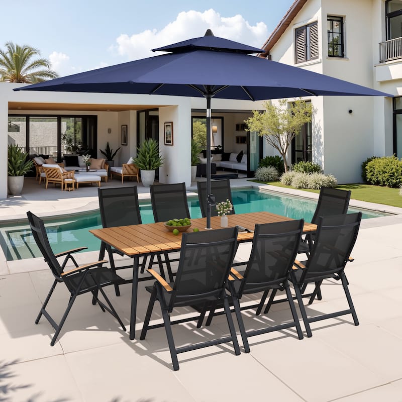 9/11-Piece Outdoor Aluminum Patio Dining Set w/10 ft Umbrella and Base, Rectangle Table and Folding Chairs - Set of 11 - Brown Table with Navy Blue Umbrella