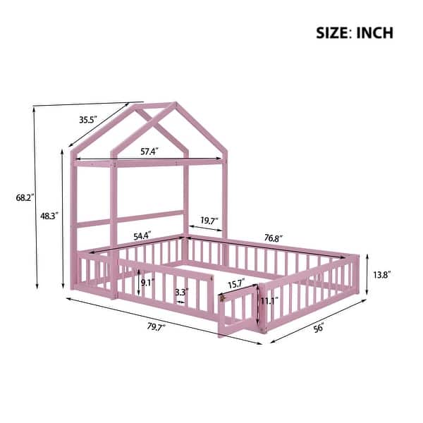 dimension image slide 5 of 6, Wooden Floor Bed wFence Railings and Detachable House Shape Headboard Platform Bed, Kids Montessori Style Playhouse Frame Bed