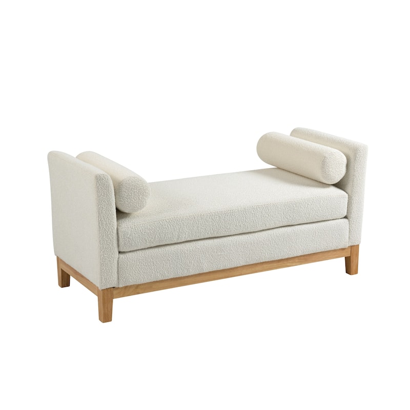 54.3"W Elegant Upholstered Bench, Ottoman with Wood Legs & 2 Bolster Pillows for End of Bed, Bedroom, Living Room, Entryway